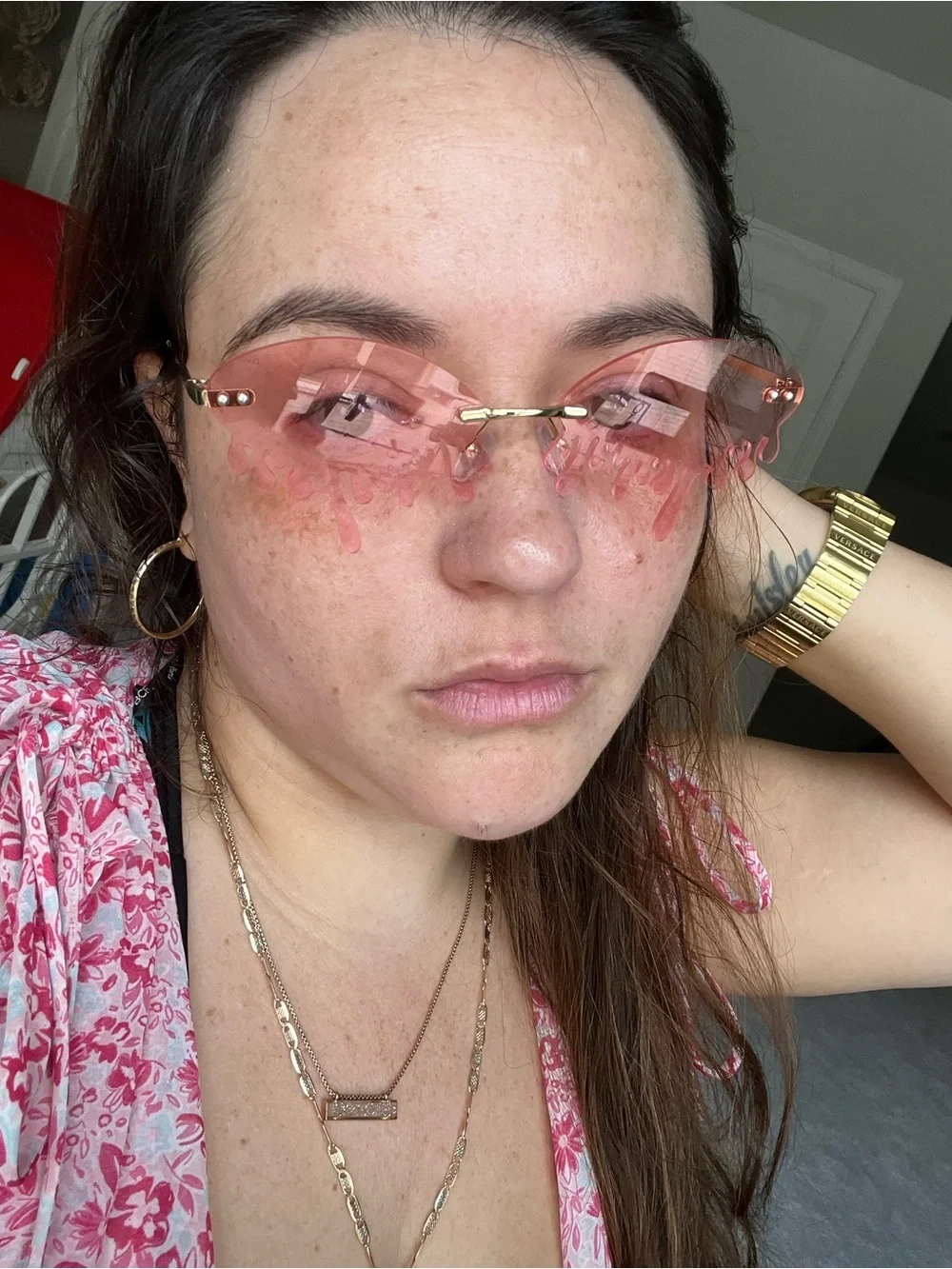 Rimless Pink Drip Lens Sunglasses for Women